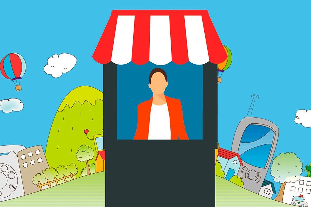 En la imagen se muestra a una mujer dentro de un kiosko que representa a un negocio. En el exterior podemos ver una representación del mundo, tanto físico como online - 10 consejos para mejorar tus ventas con Google My Business