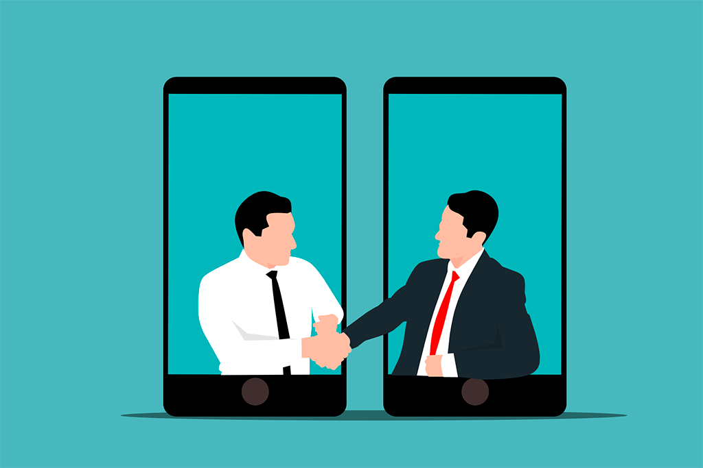 La imagen muestra dos personas dándose la mano saliendo de sus smartphones, indicando que han cerrado un trato. Nambaruan - 01_Por qué suspendemos en ventas - 2ª parte.